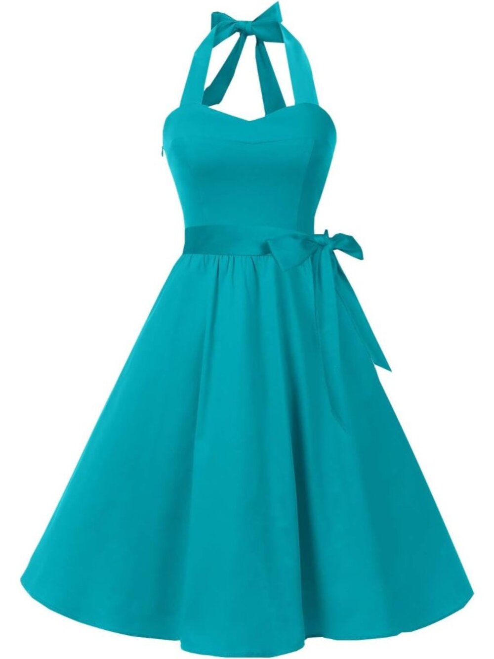 Women's Torquoise Halter Neck Vintage Polka Audrey Retro Cocktail Dress